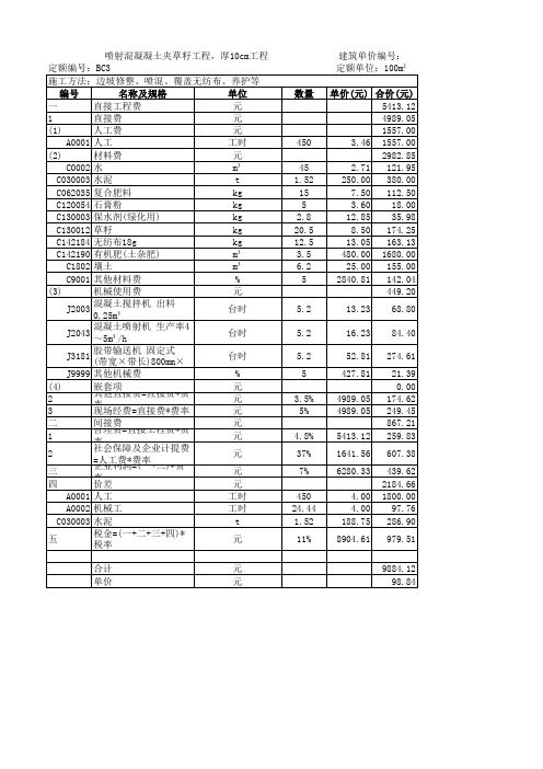 喷射混凝凝土夹草籽工程,厚10cm工程预算单价表-水利定额