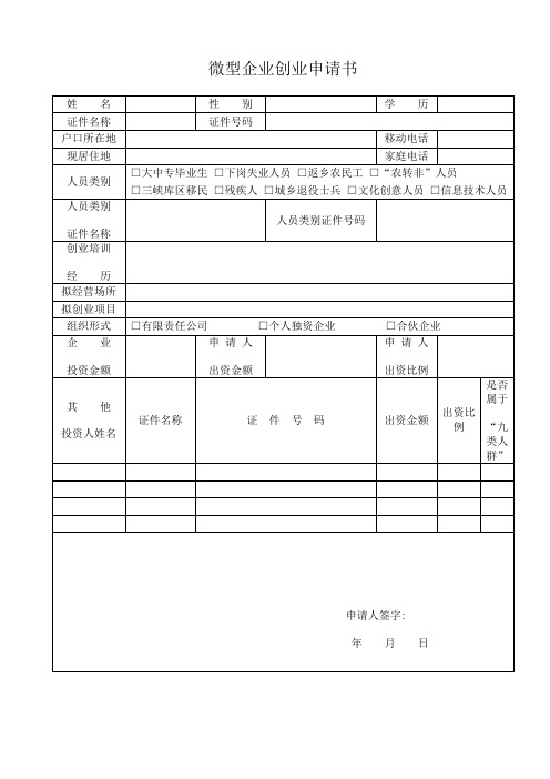 重庆微型企业申请书