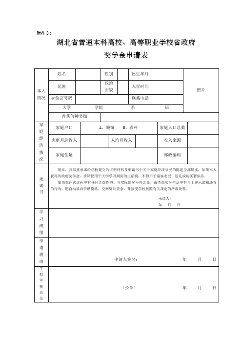 湖北省政府奖学金申请表