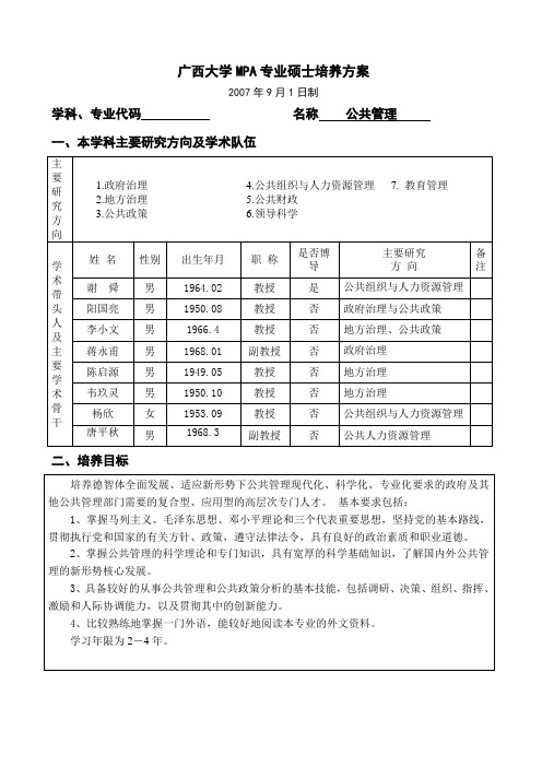 广西大学MPA专业硕士培养方案(07.9.14)