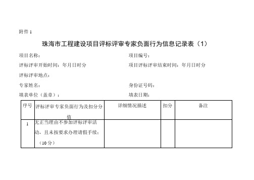 珠海市工程建设项目评标评审专家履职负面行为信息记录表(征求意见稿)