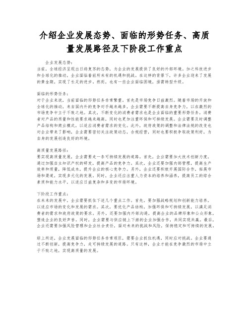 介绍企业发展态势、面临的形势任务、高质量发展路径及下阶段工作重点