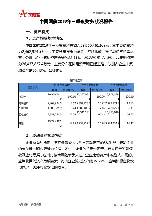 中国国航2019年三季度财务状况报告