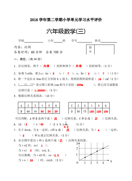 2016年广州市白云区六(下)单元测(比例)数学单元试卷