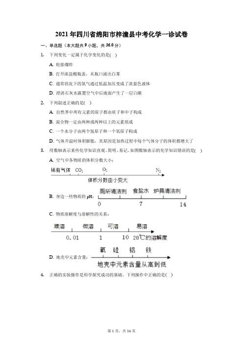 2021年四川省绵阳市梓潼县中考化学一诊试卷(附答案详解)