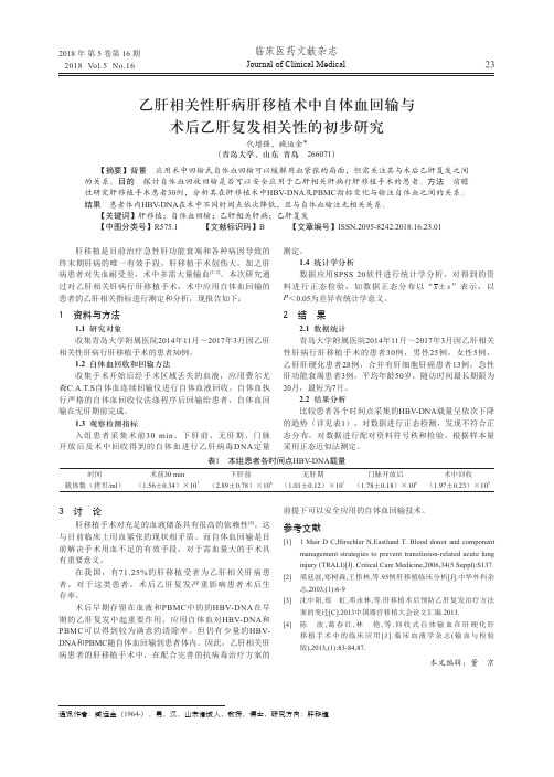 乙肝相关性肝病肝移植术中自体血回输与术后乙肝复发相关性的初步研究