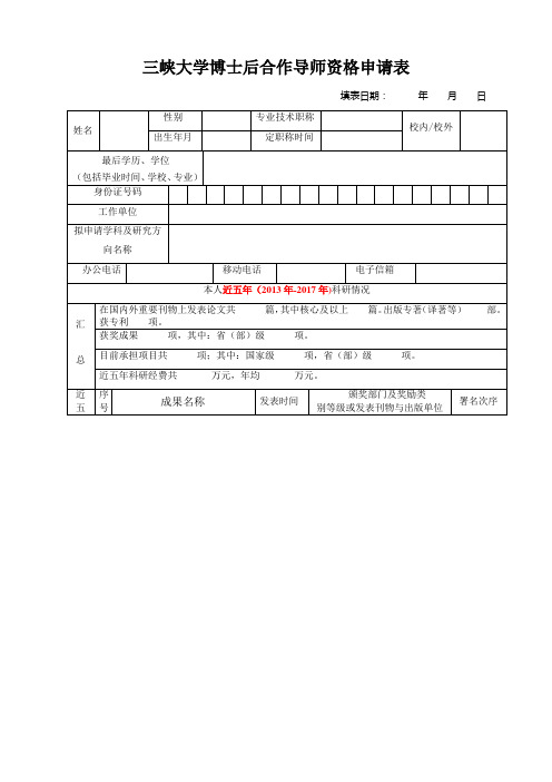 三峡大学博士后合作导师资格申请表