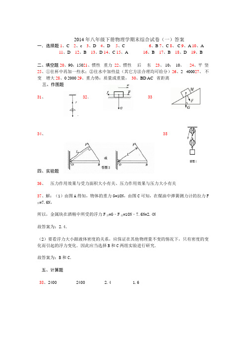 2014年八年级下册物理学期末综合试卷(一)答案