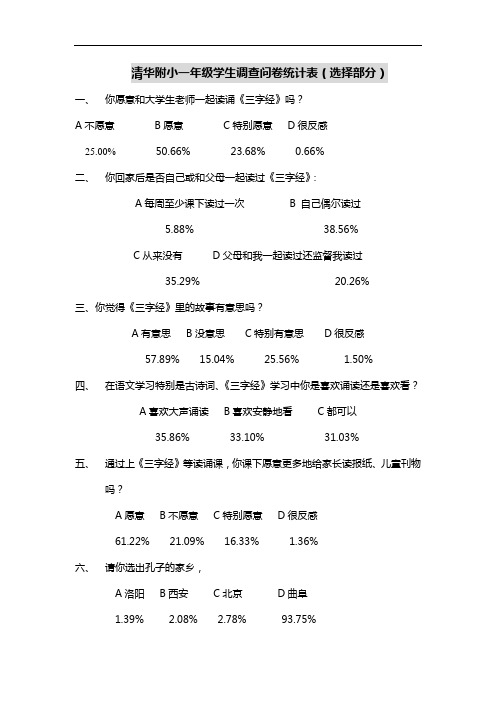 清华附小一年级学生调查问卷统计表选择部分-一耽学堂