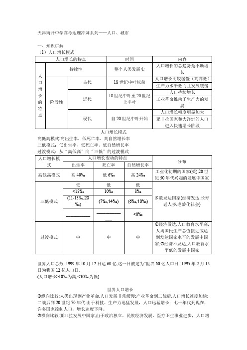 天津南开中学高考地理冲刺系列人口城市