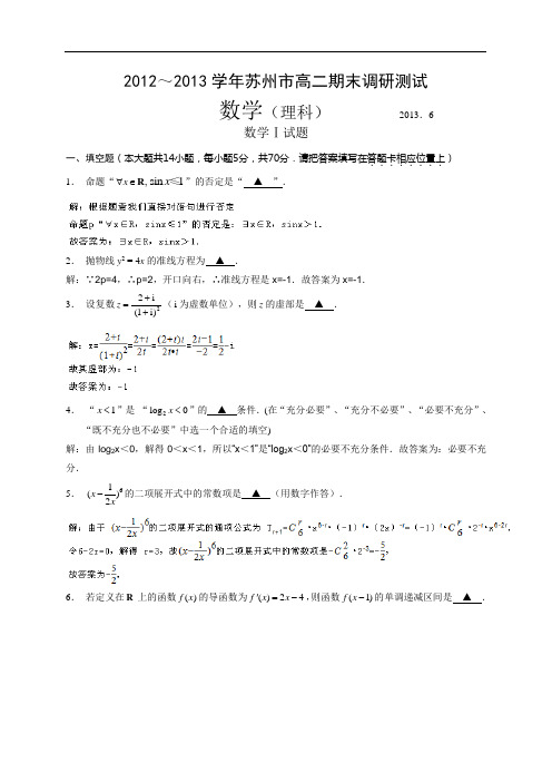 江苏省苏州市2012-2013学年高二下学期期末考试数学理试卷(解析版)