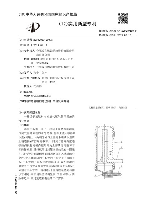 【CN209249589U】一种适于氢燃料电池氢气尾气循环系统的水分离器【专利】