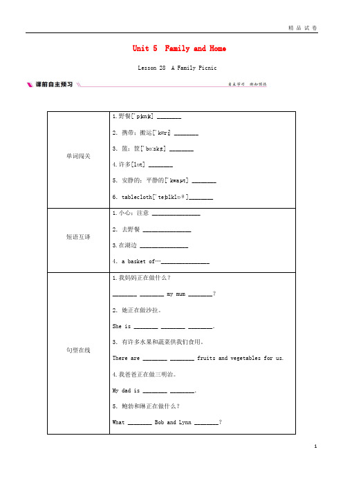 2019七年级英语上册 Unit 5 Family and Home Lesson 28 A Family Picnic练习