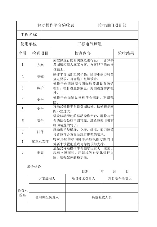 移动操作平台验收表