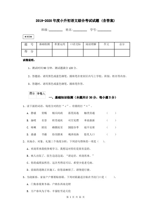 2019-2020年度小升初语文综合考试试题 (含答案)