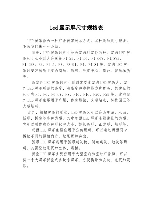 led显示屏尺寸规格表