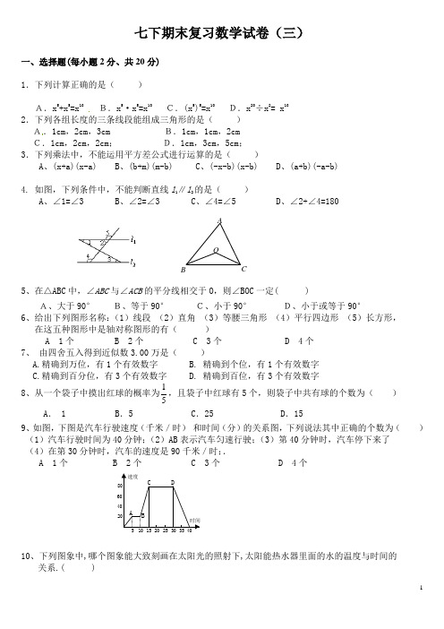 北师大版七下期末复习数学试卷(三)