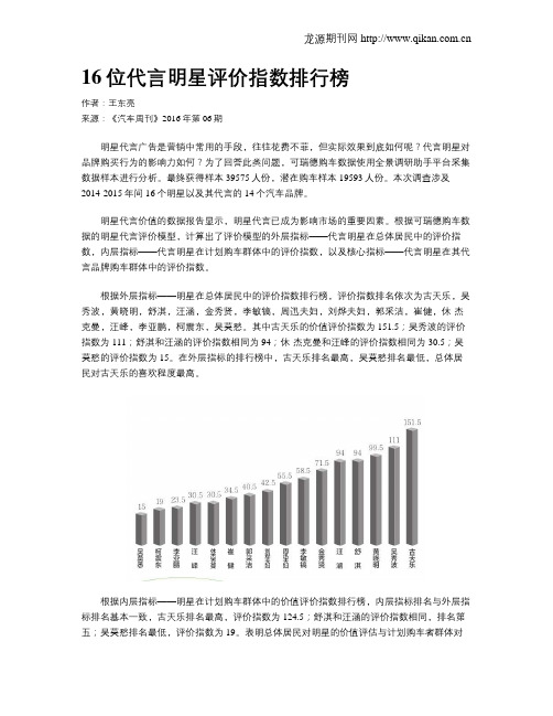 16位代言明星评价指数排行榜