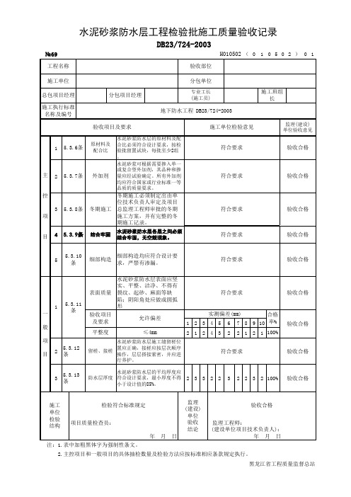 水泥砂浆防水层工程检验批施工质量验收记录