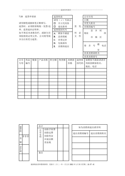 客户退货申请表