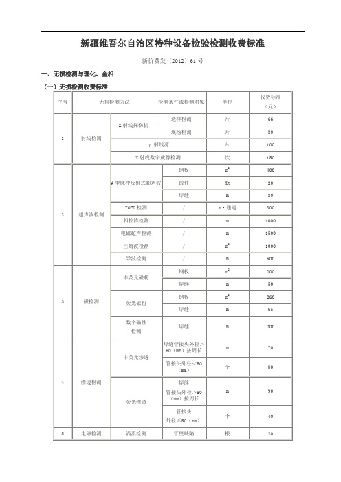 新疆维吾尔自治区特种设备检验检测收费标准