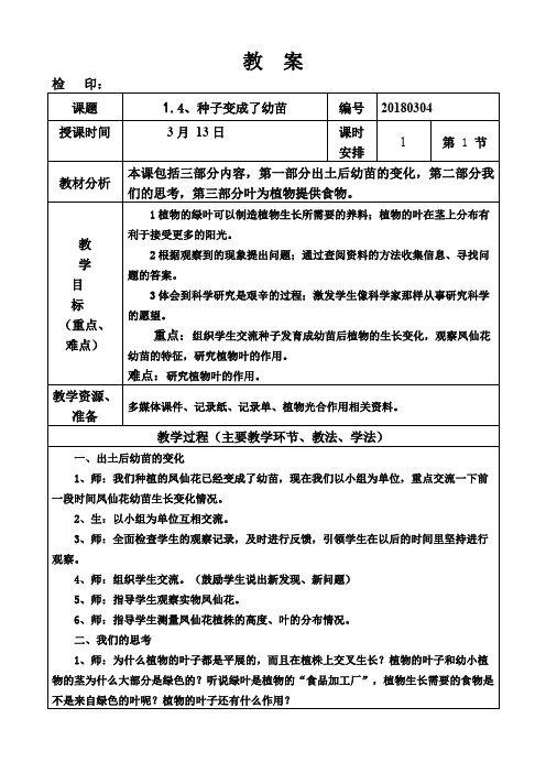 三年级下册科学教案《种子变成了幼苗》教科版