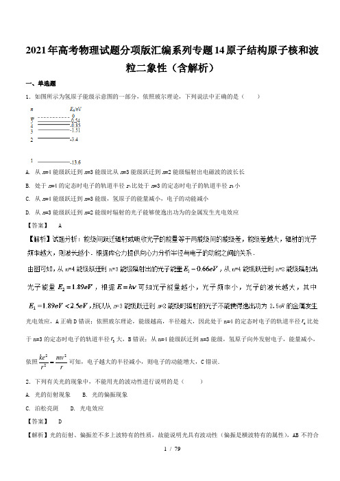 2021年高考物理试题分项版汇编系列专题14原子结构原子核和波粒二象性(含解析)