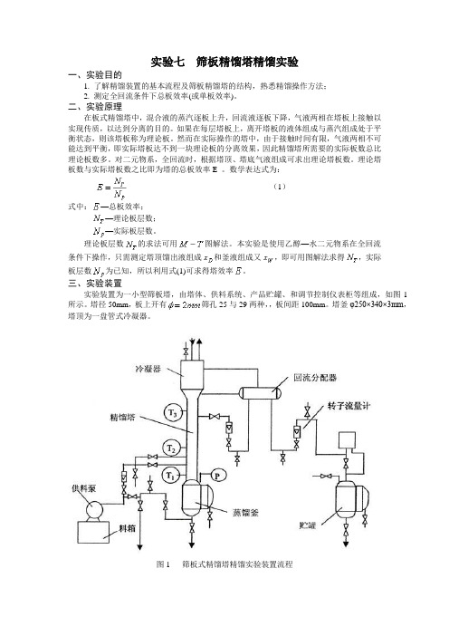 筛板精馏塔精馏实验报告