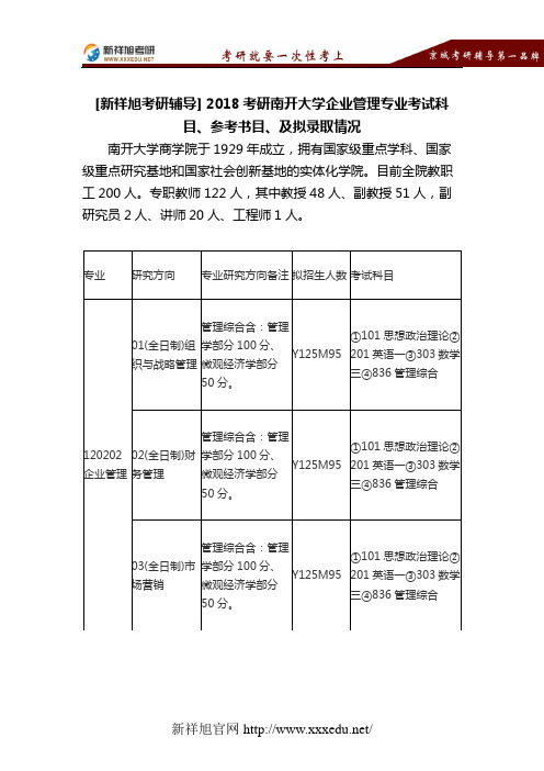 2018年南开大学企业管理专业考研招生专业目录、考试科目、参考书目及往年拟录取情况—新祥旭考研