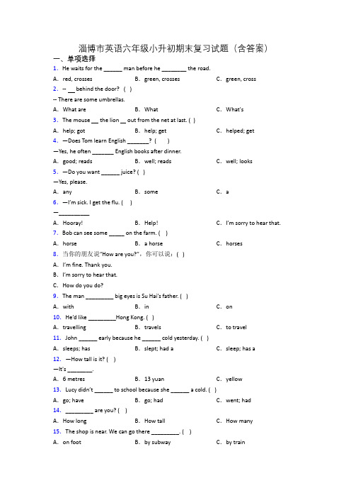 淄博市英语六年级小升初期末复习试题(含答案)