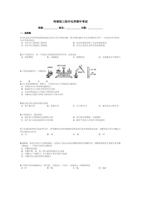 河南初三初中化学期中考试带答案解析
