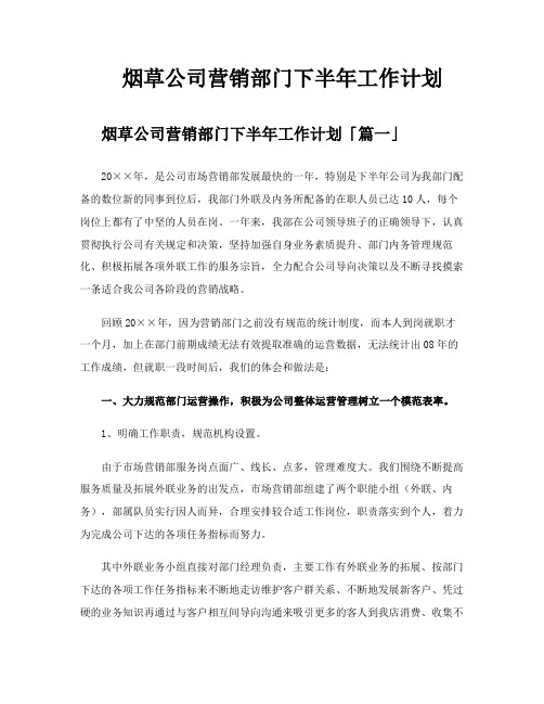 烟草公司营销部门下半年工作计划