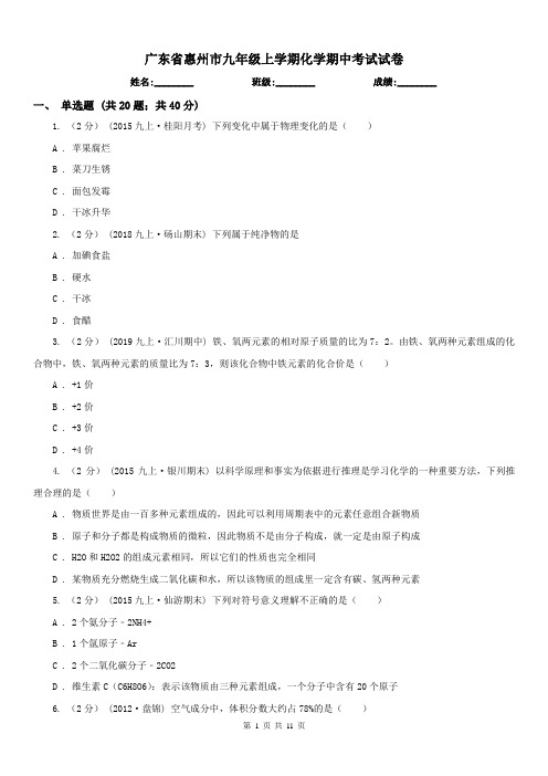 广东省惠州市九年级上学期化学期中考试试卷