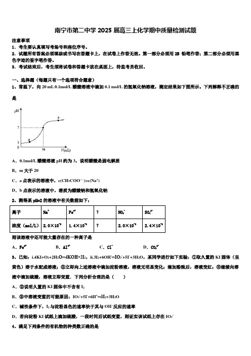 南宁市第二中学2025届高三上化学期中质量检测试题含解析