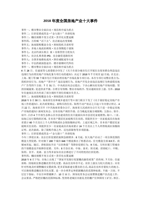 2018年度全国房地产业十大事件