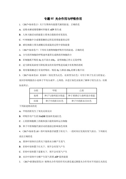 专题05光合作用与呼吸作用三年高考(20152017)生物试题(无答案) (1)