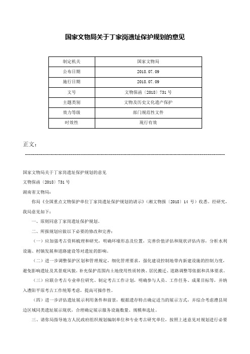 国家文物局关于丁家岗遗址保护规划的意见-文物保函〔2018〕731号