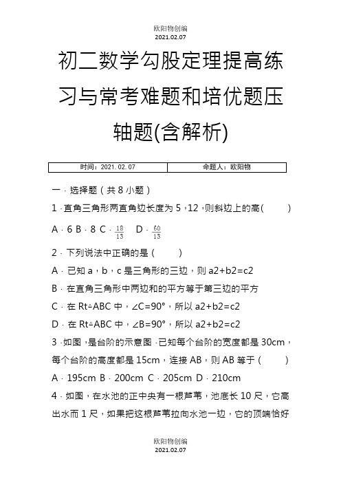 初二数学勾股定理提高练习与常考难题和培优题压轴题(含解析) 之欧阳物创编