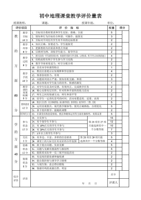 初中地理课堂教学评价表 