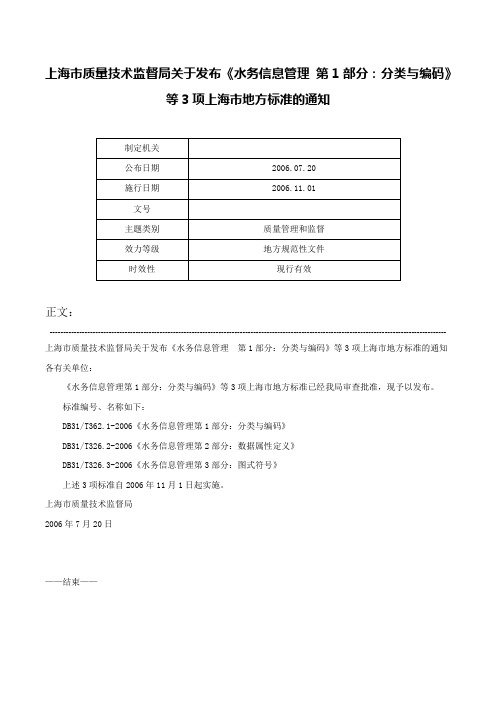 上海市质量技术监督局关于发布《水务信息管理 第1部分：分类与编码》等3项上海市地方标准的通知-