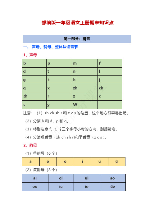 一年级上册语文素材期末复习知识点 人教(部编版)