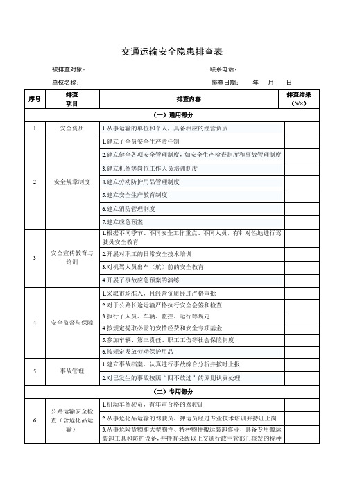 交通运输安全隐患排查表