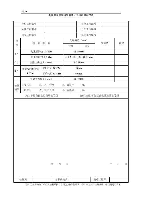 电动单梁起重机安装单元工程质量评定表