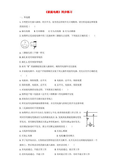 2018秋九年级物理全册 19.1家庭电路练习(含解析)(新版)新人教版