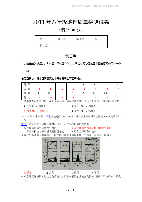 2011年八年级地理质量检测试卷