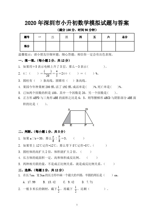 2020年深圳市小升初数学模拟试题与答案