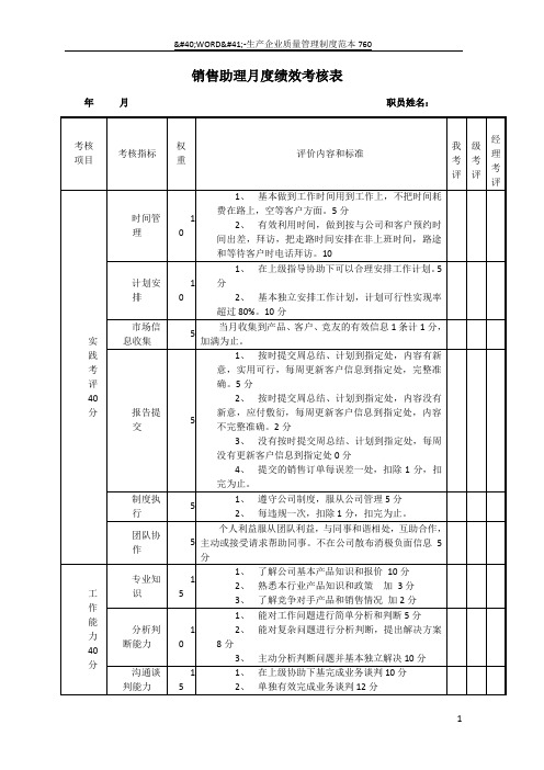 销售助理月度绩效考核表