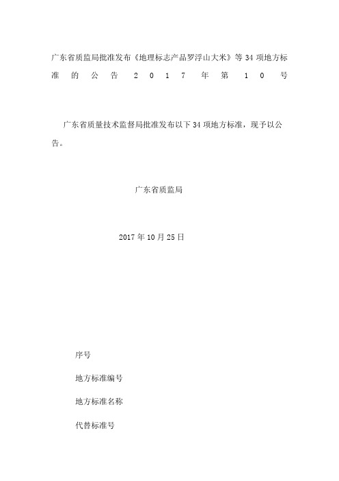 广东省质监局批准发布《地理标志产品 罗浮山大米》等34项地方标准的公告 2017年第10号