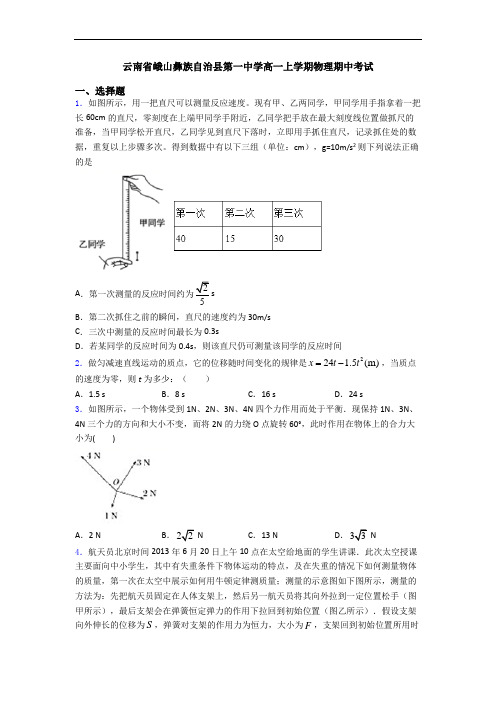 云南省峨山彝族自治县第一中学高一上学期物理期中考试