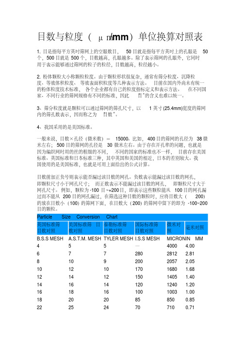 目数与粒度(μmormm)单位换算对照表